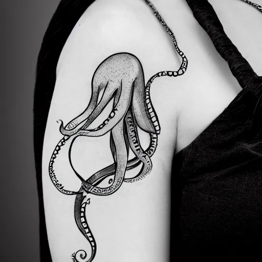 Prompt: feminine octopus necklace tattoo design black and white sketch on paper