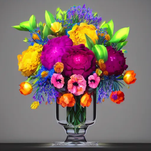 Image similar to a vase with a colorful and beautiful flower arrangement. beautiful lighting, 4 k post - processing, trending in art station, cg society, highly detailed, 5 k extremely detailed, 3 d. cinematic scene.