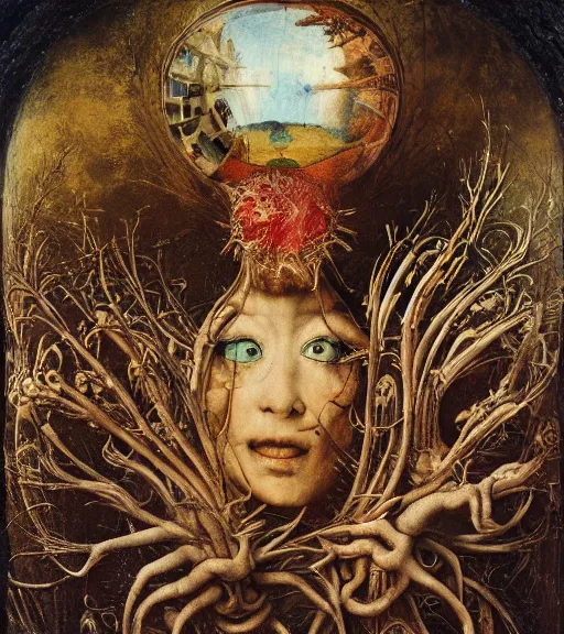 Prompt: an oil painting by botticelli, by arcimboldo, by yoshitaka amano, by beksinski, by giger, by hieronymus bosch, by albrecht durer, by gustave moreau seen through a kaleidoscope, detailed, high resolution, scratches,