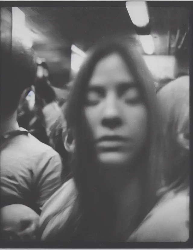 Image similar to wide angle, low angle view polaroid photo with flash, in nyc subway woman sleeping on a shoulder of a male stranger, in a metro, cool colors, bleached strong lights, kodak film stock, hyper real, stunning moody cinematography, with anamorphic lenses, by maripol, detailed