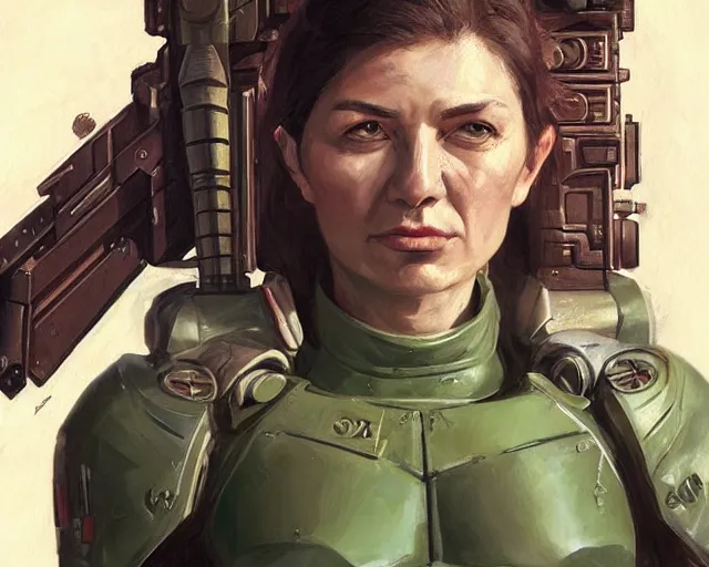 Image similar to portrait of nadezhda konstantinovna krupskaya as a doomguy, hd shot, digital portrait, beautiful, artstation, comic style, by artgerm, guy denning, jakub rozalski, magali villeneuve and charlie bowater