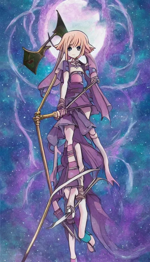 Prompt: a beautiful link drawing of the being death as a cute anime girl with a giant scythe from a studio ghibli film inspired by the death tarot card, dark vibes, pastel colors, cosmic,