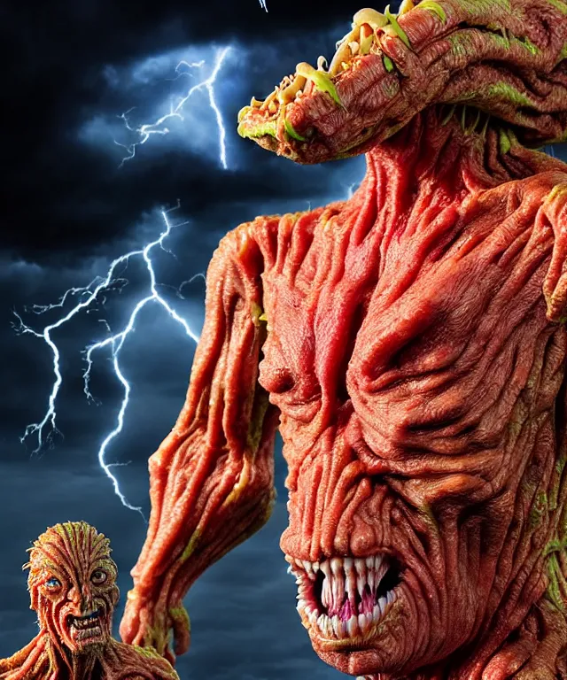 Image similar to hyperrealistic rendering, epic boss battle, cronenberg flesh monster, by art of skinner and richard corben, product photography, collectible action figure, sofubi, hottoys, storm clouds, outside, lightning