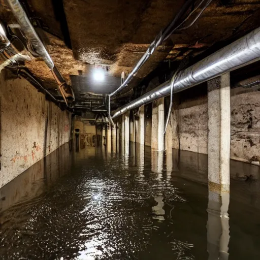 Image similar to deep underground bunker, flooded, dirty water, dense rusty pipes, dense cables