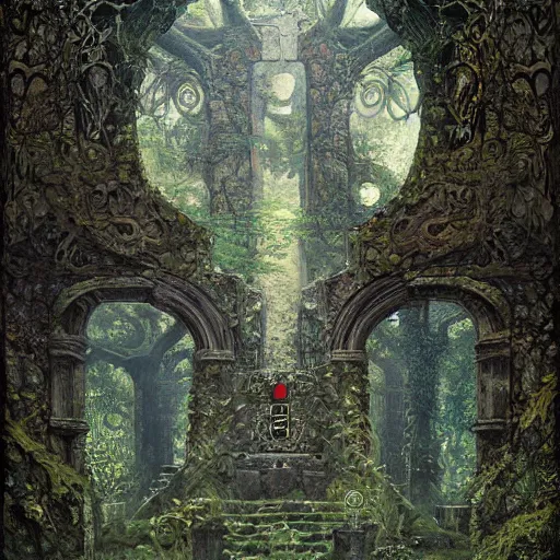 Image similar to ancient overgrown! ruins, medieval gates, runestones, mysetrious etherial mesmerizing runic!!, eyes, magical elven geometry, concept art by gustav klimt!, deviantart contest winner, environmental art, high detail, resembling the ace of swords tarot card by greg rutkowski