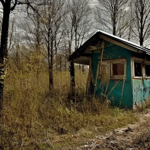 Image similar to an abandoned road within the Chernobyl Exclusion Zone, high resolution vintage photograph, abandoned huts