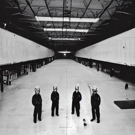 Image similar to flarge black triangle ship inside a hanger, old photo, vintage photo, grainy, realistic, real photo, men in hazmat suits standing around