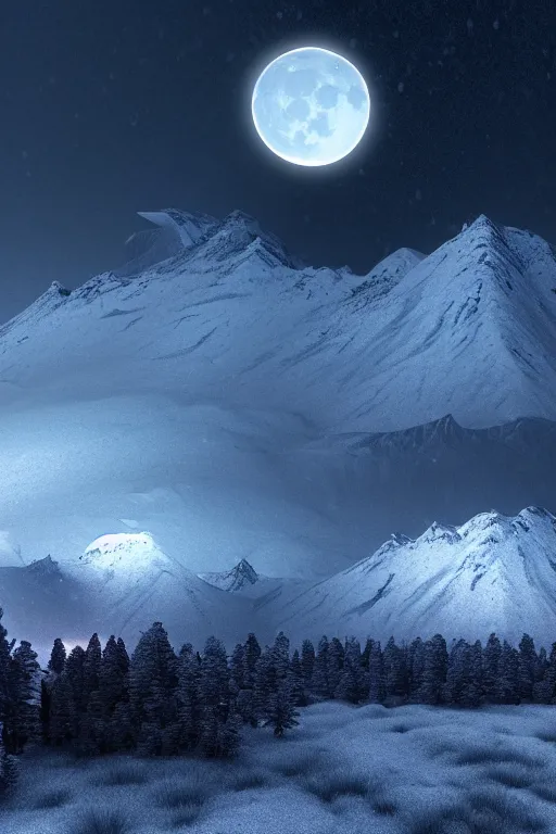 Image similar to a cgi landscape image with a cresent moon and mountains, cinematic matte painting, snowfall, stormy weather, neon lights, extreme detail photo quality, dark moody colors, featured on behance