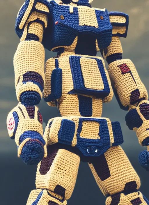 Image similar to a crochet gundam mecha, realistic, no cropping, full body, Sigma 50 mm f/1.4