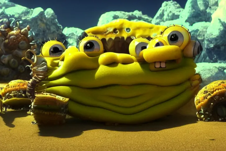 Image similar to Spongebob caterpillar, photorealistic still from Alien Planet(2005), artstation