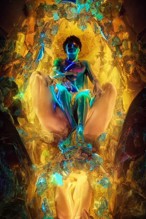 Image similar to photo of fullbody rococo and cyberpunk delicate neon crystalline sculpture of seductive muscular onyx albino marble prince joe jonas teal iridescent humanoid deity wearing yellow plastic hooded cloak holding an onyx skull in a onyx space dungeon, reclining, glowing yellow face, crown of white diamonds, cinematic lighting, photorealistic, octane render 8 k depth of field 3 d