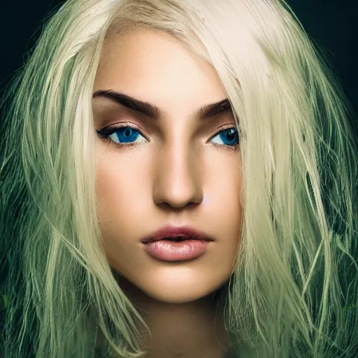 Image similar to A beautiful woman with long bleach blonde hair and light green iris and small face no makeup, full body portrait, highly detailed, excellent composition, dramatic lighting, realistic 4k