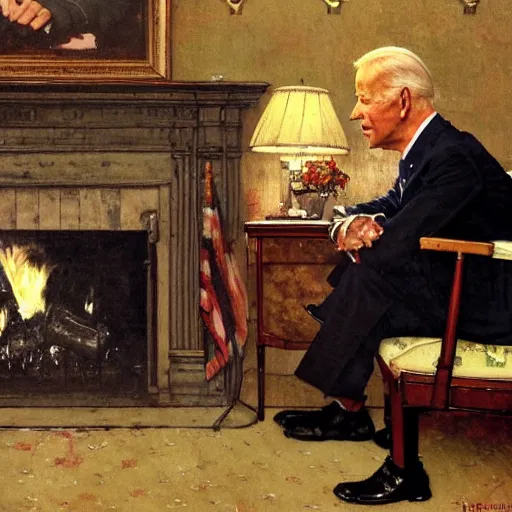 Image similar to a portrait painting by Norman Rockwell of Joe Biden sitting in a chair. Cozy fire. two Legs apart