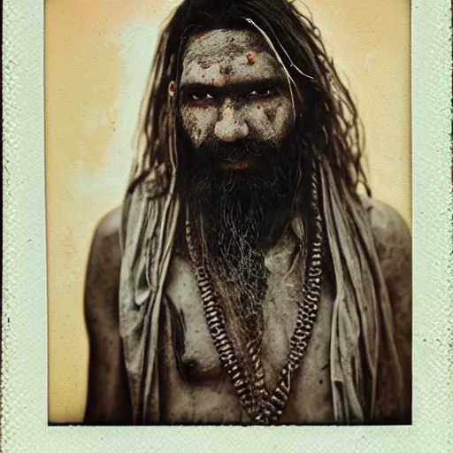 Prompt: realistic exposed polaroid film portrait of aghori sadhu covered in ash, hyperrealism, hypermaxiymalism, photorealistic, detailed, atmospheric, 8 k, award winning photography, cinematic