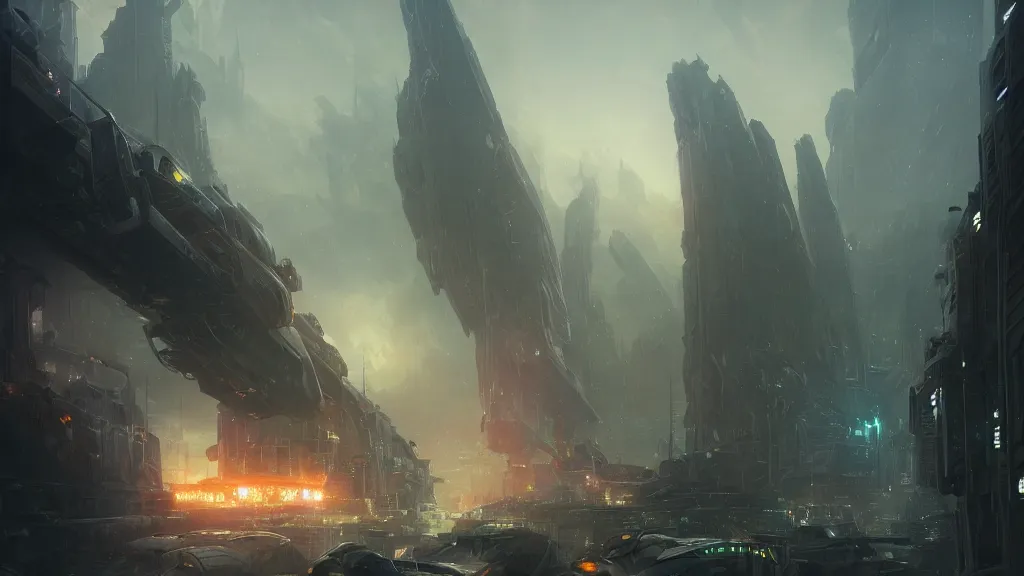 Prompt: dystopian future city with flying patrol vehicles swarming around a gigantic glowing monolith, by greg rutkowski and thomas kinkade, ambient light, anime, ultra detailed, fantasy artwork, 8k, very very very very very very very beautiful, trending on artstation, award winning, beautiful scenery.