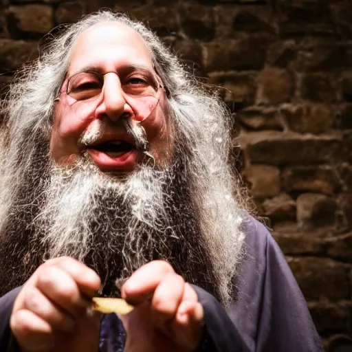 Image similar to Richard Stallman an arcane wizard casting a spell, 4k, fantasy, mystical, Sony A7R III, 85mm, f/1.8, 2018