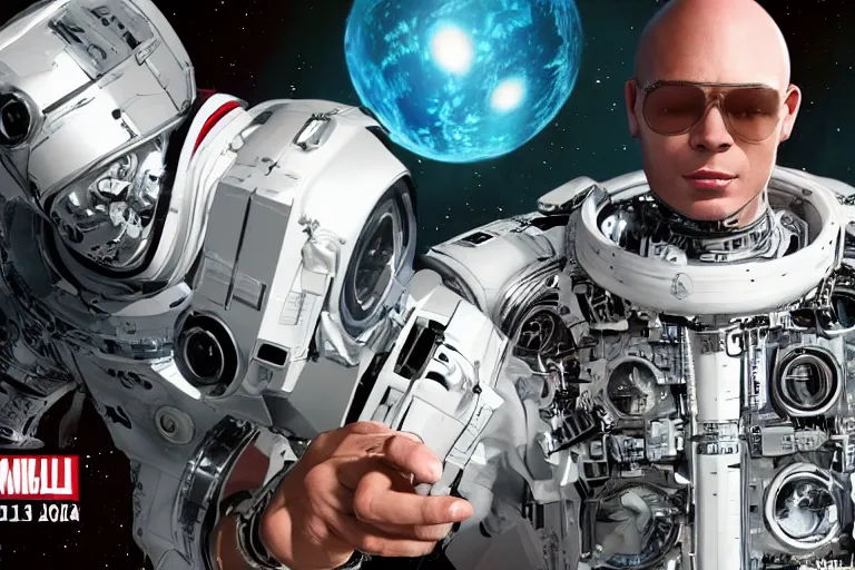 Image similar to cyborg - pitbull mr. worldwide in space, in 2 0 5 5, y 2 k cybercore, industrial low - light photography, still from a ridley scott movie
