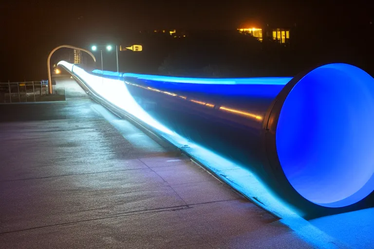 Prompt: dark blue plastic hyperloop pipe glowing in the dark