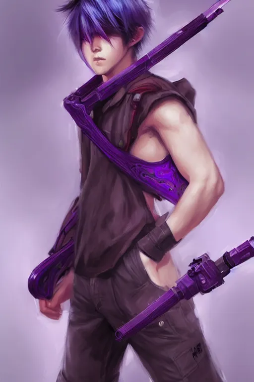 Image similar to gorgeous!!! hyper - realistic teenager boy with purple hair, purple eyes with red eye markets, wearing combat japanese clothes, holding a fan | drawn by wlop, drawn by jeehyung lee, drawn by artgerm | intricate, highly detailed, digital painting, character design, concept art, illustration, artstation