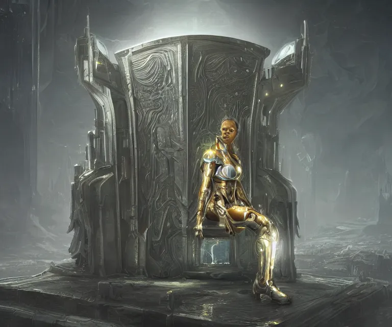 Prompt: translucent glowing cyborg sitting on a metal throne, futuristic castle as background, fantasy sci - fi, highly detailed, metallic, 2 0 0 mm focus