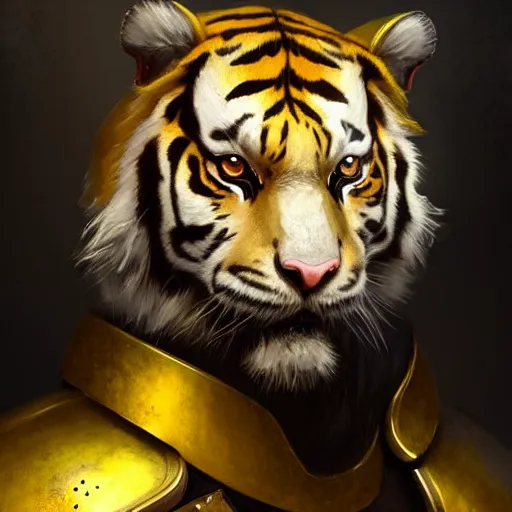 Image similar to a aesthetic award winning commission portrait of an albino tiger wearing golden victorian armour,digital art,art by greg rutkowski,character design by charles bowater,ross tran,photorealistic,detailed face,high quality,deviantart,artstation,characzer concept