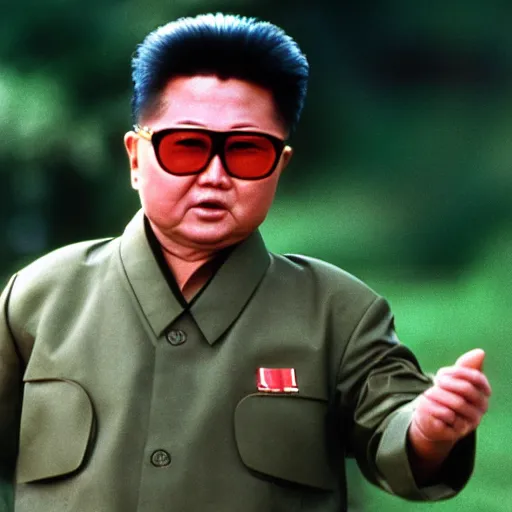 Prompt: filmstill of Kim Jong-il in the role of Rambo with head bandana, cinemascope, Eastman Color Negative 50T 5251 Neg. Film