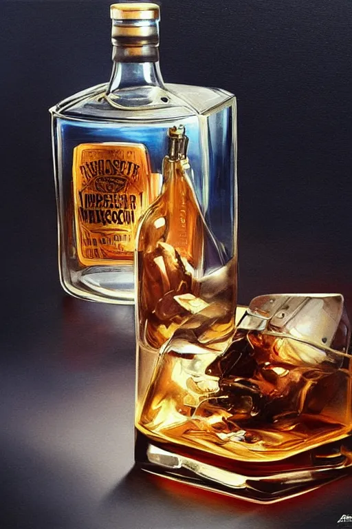 Image similar to imagine a ship in a bottle but instead of a ship a young jack nicholson is in the bottle, jack nicholson, fancy whiskey bottle, masterpiece painting by artgerm and greg rutkowski