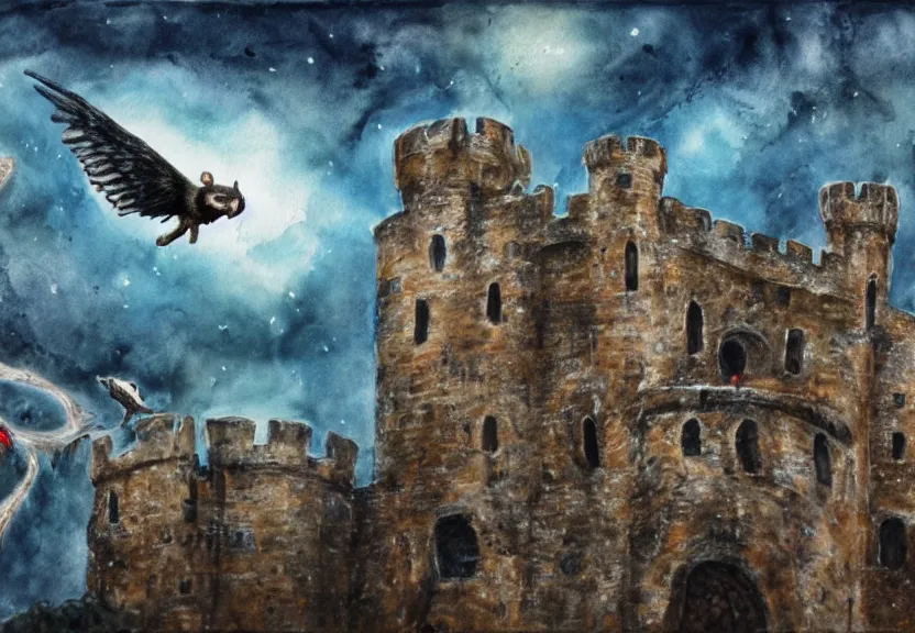 Image similar to Threatening winged possum flying over a medieval castle under a dark starred sky, dark fantasy, watercolor, dreaming illusion, highly detailed, 4k, trending on Artstation, award-winning