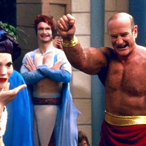 Image similar to a photo of robin williams turning into the genie from disney's aladin mid fight during a fist fight with bruce willis from die hard