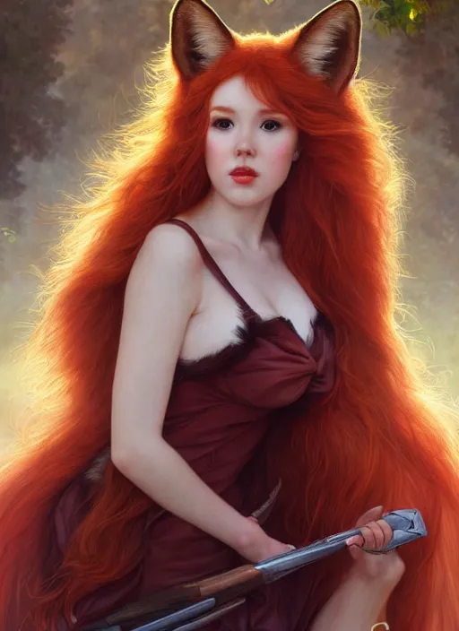 Prompt: portrait Jia Lissa cosplaying a fox, full length shot, shining, 8k highly detailed, sharp focus, illustration, art by artgerm, mucha, bouguereau