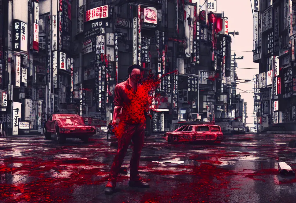 Image similar to tokyo city streets in blood, by cyberpunk style, max payne standing in blood, trending on artstation, cinematic, realistic buildings windows cars, realistic peoples, extreamly detailed, golden ratio, awesome greate composition, color balance harmony, physical correct light shadows, awesome exposition, like in real life, octane render 8 k, art by shonen gahosha, hyper realistic