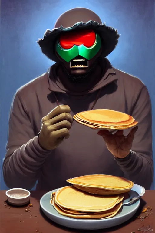 Image similar to mf doom as cooking pancakes animation pixar style, shaded lighting poster by magali villeneuve, artgerm, jeremy lipkin and michael garmash, rob rey and kentaro miura style, trending on art station