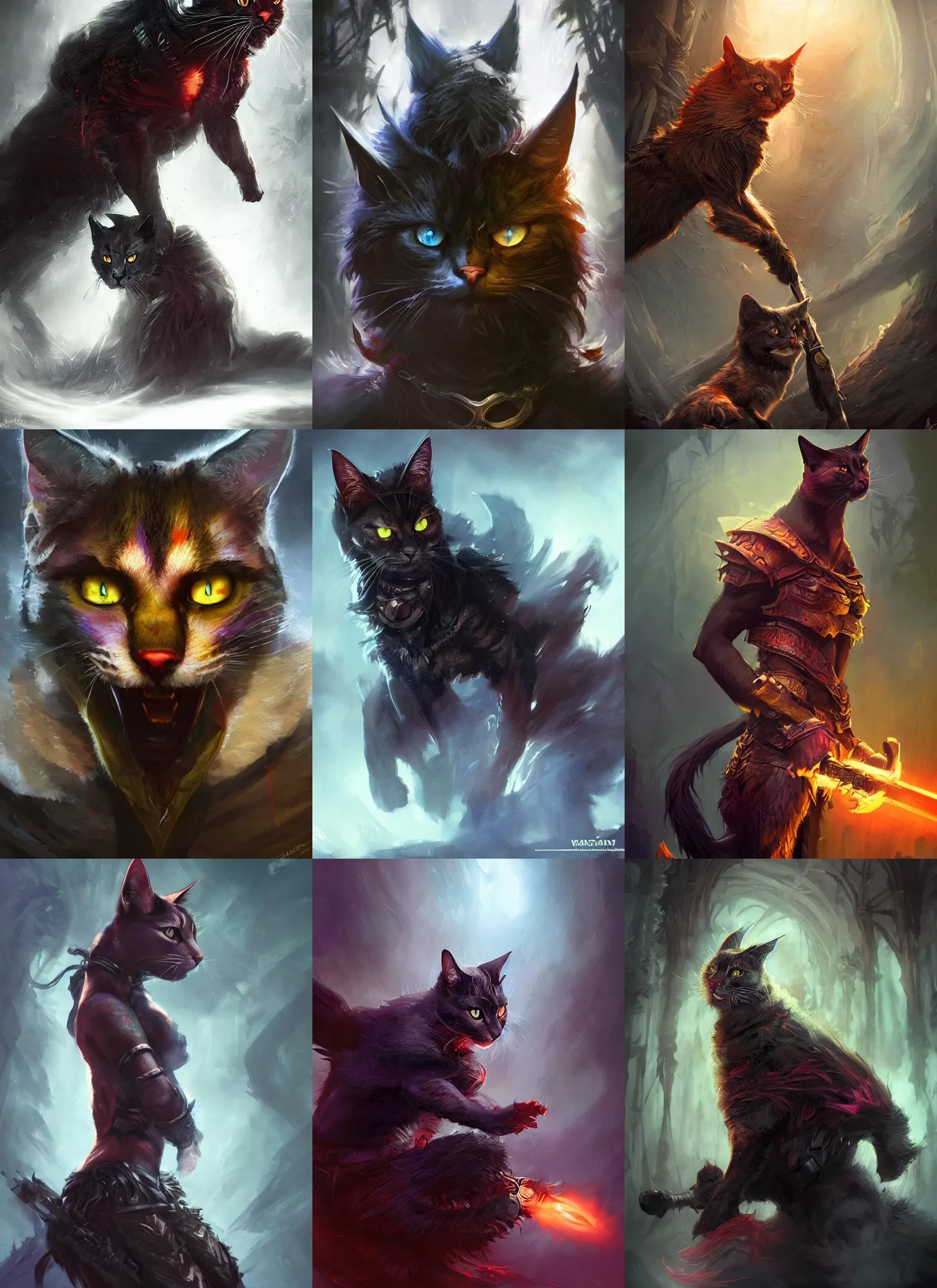 Prompt: warrior cat, vivid colors, dark shadows, contrast, concept art, sharp focus, digital art, Hyper-realistic, 4K, Unreal Engine, Highly Detailed, Dramatic Lighting, Beautiful, by Brom, bastien lecouffe-deharme