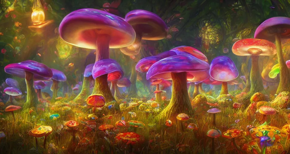 Image similar to a beautiful painting of trippy mushrooms by Tokio Aoyama, Mario Martinez, David Normal. photorealistic, trending on artstation, dramatic lighting, 8K, fantasy beautiful, surreal, cinematic.