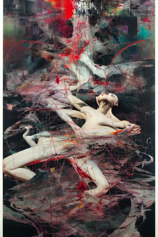 Image similar to the physical impossibility of death, in a brutalist designed space ship, hauntingly surreal, gothic, rich deep colours, glitch, painted by francis bacon, adrian ghenie, james jean and petra cortright, part by gerhard richter, part by takato yamamoto. 8 k masterpiece