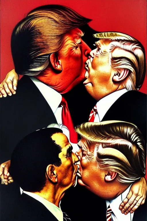 Image similar to norman rockwell painting of donald trump kissing donald trump