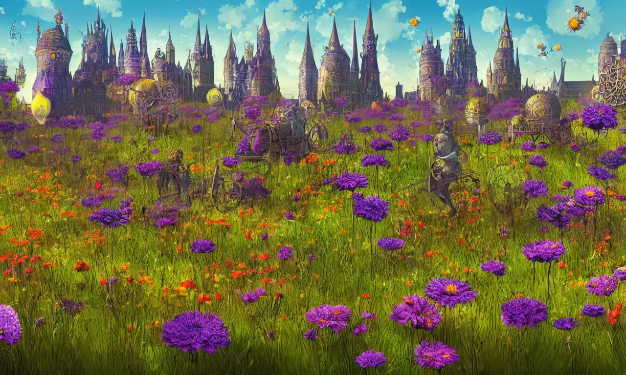 Prompt: discworld, meadow flowers, nordic noir, cityscape, digital art, 3 d illustration