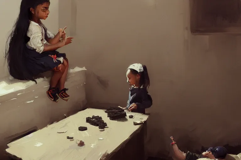 Prompt: little girl eating oreos, her baby sister is playing video games, the little girls are black, a beautiful painting , by greg rutkowski and kalin popov , trending on artstation hd