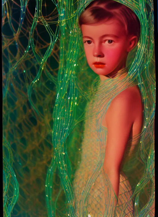 Image similar to realistic photo of a a blurred face of a girl, covered in plastic iridescent vines 1 9 6 0, life magazine photo, natural colors, metropolitan museum, kodak, 8 k, very detailed, high resolution, product photo,