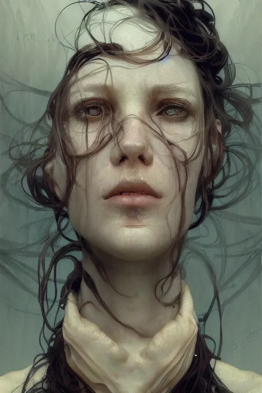 Prompt: A full portrait of a beautiful terrible powerful dystopian blind screaming prophet, intricate, elegant, highly detailed, digital painting, artstation, concept art, smooth, sharp focus, illustration, art by Krenz Cushart and Artem Demura and alphonse mucha