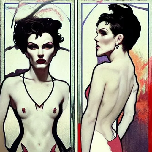 Image similar to stunning portrait of androgynous ruby rose as desire from sandman in a white tuxedo!!!, rockabilly style,, by alphonse mucha, by jeremy mann, by peter lindbergh, dave mckean, by frank moth, white suit and black tie, soft lightning, high detailed, 8 k