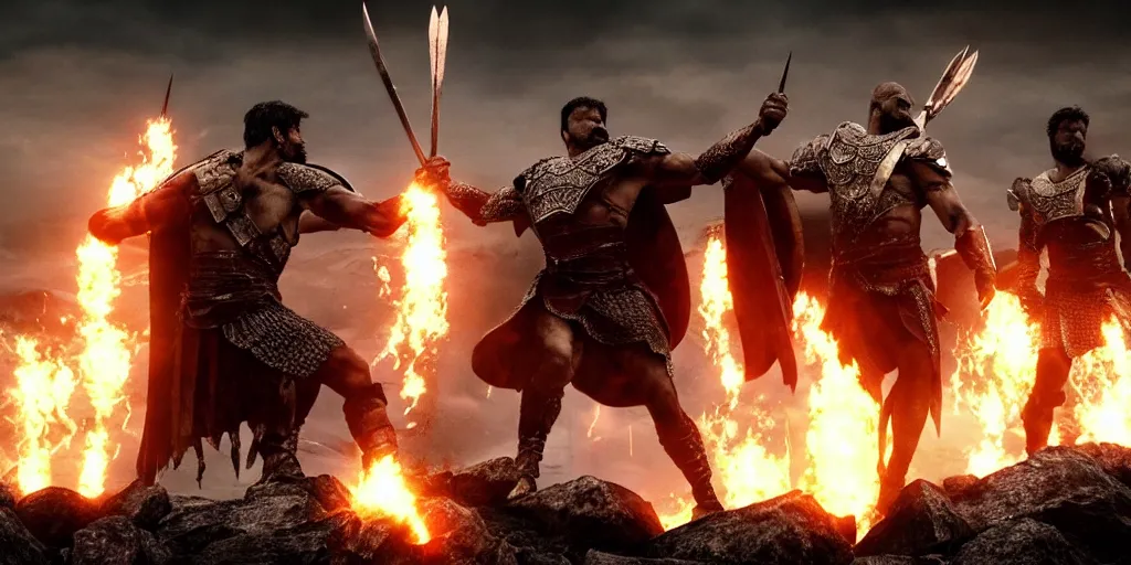 Image similar to epic battle screen of hero, film still from the movie'3 0 0'( 2 0 0 6 ), 3 d, 8 k realistic, cryengine, playstion 5 screen, cinematic lighting