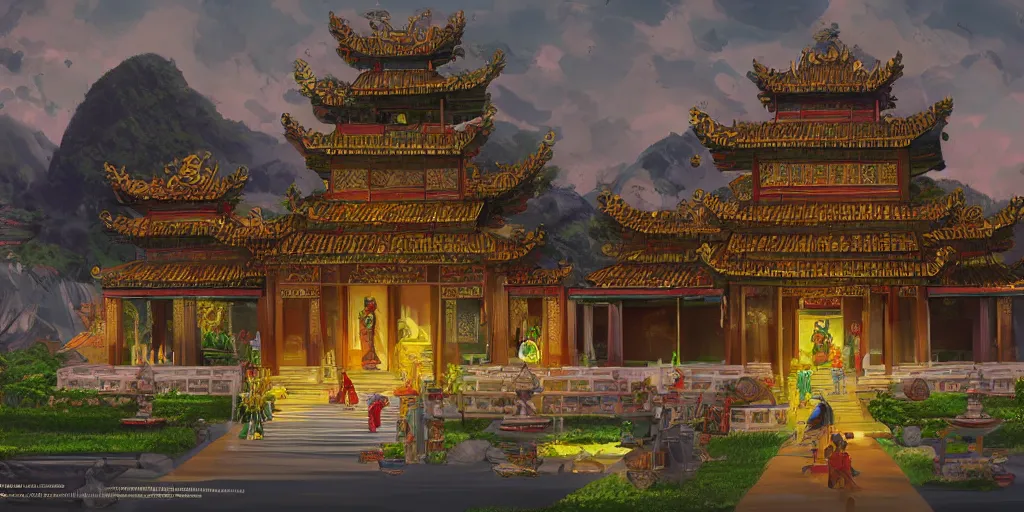 Prompt: vietnamese temple scene, side scroller, 2 d game art background, sharp, detailed, intricate, game level design, cinematic lighting, ultrarealistic, photorealistic, trending on artstation, in the style of vinodh sivaraja