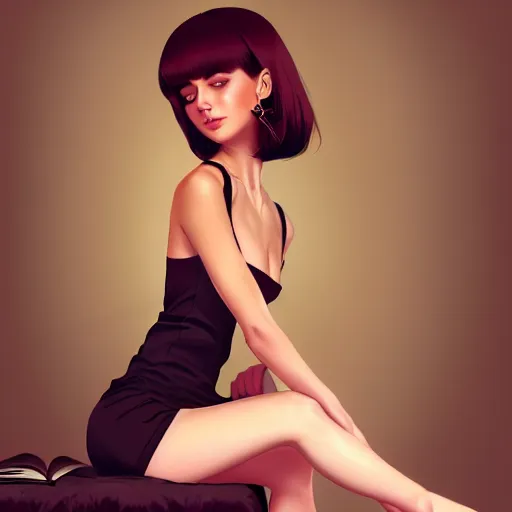 Prompt: sexy girl in a low cut blouse and short skirt, seductive pose, shoulder-length hair, ribbon in her hair, earrings, sitting on a bed. highly detailed, digital painting, in the style of ilya kuvshinov, high definition digital art