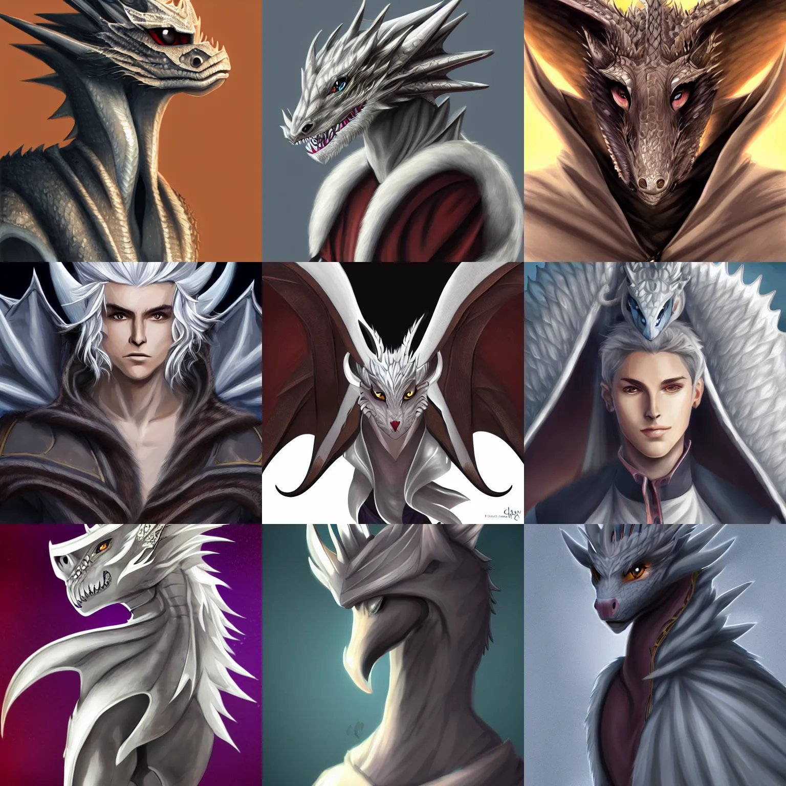 Image similar to very very beautiful half body side angle portrait of a handsome young anthropomorphic silver dragon, soft draconic features, cute eyes, wearing a luxurious silk cloak, commission on furaffinity, artstation, high quality digital art, warm colors