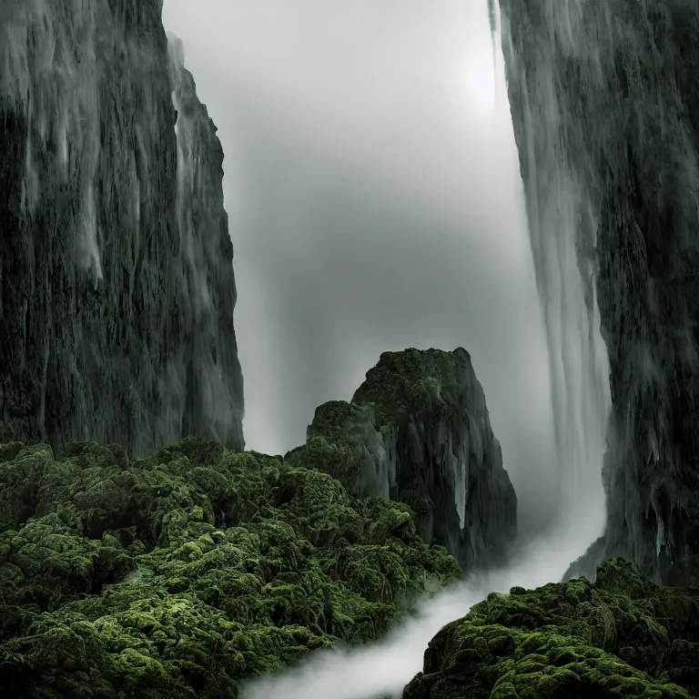 Image similar to dark and moody photo by ansel adams and pedar balke and wayne barlow, a giant tall huge woman in an extremely long white dress made out of smoke, standing inside a green mossy irish rocky scenic landscape, huge waterfall, volumetric lighting, backlit, atmospheric, fog, extremely windy, soft focus