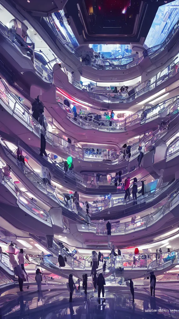 Image similar to interior of pristine intergalactic spaceship, department shopping mall, complex escalator system, futuristic glowing temple with fashion mannequins display, at night and cluster of shopping customers, by makoto shinkai, moebius!, oliver vernon, joseph moncada, damon soule, manabu ikeda, kyle hotz, dan mumford, by kilian eng