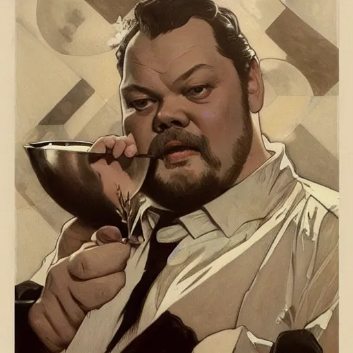 Image similar to amazing lifelike award winning pencil illustration of Orson Welles eating Hamburgers trending on art station artgerm Greg rutkowski alphonse mucha cinematic