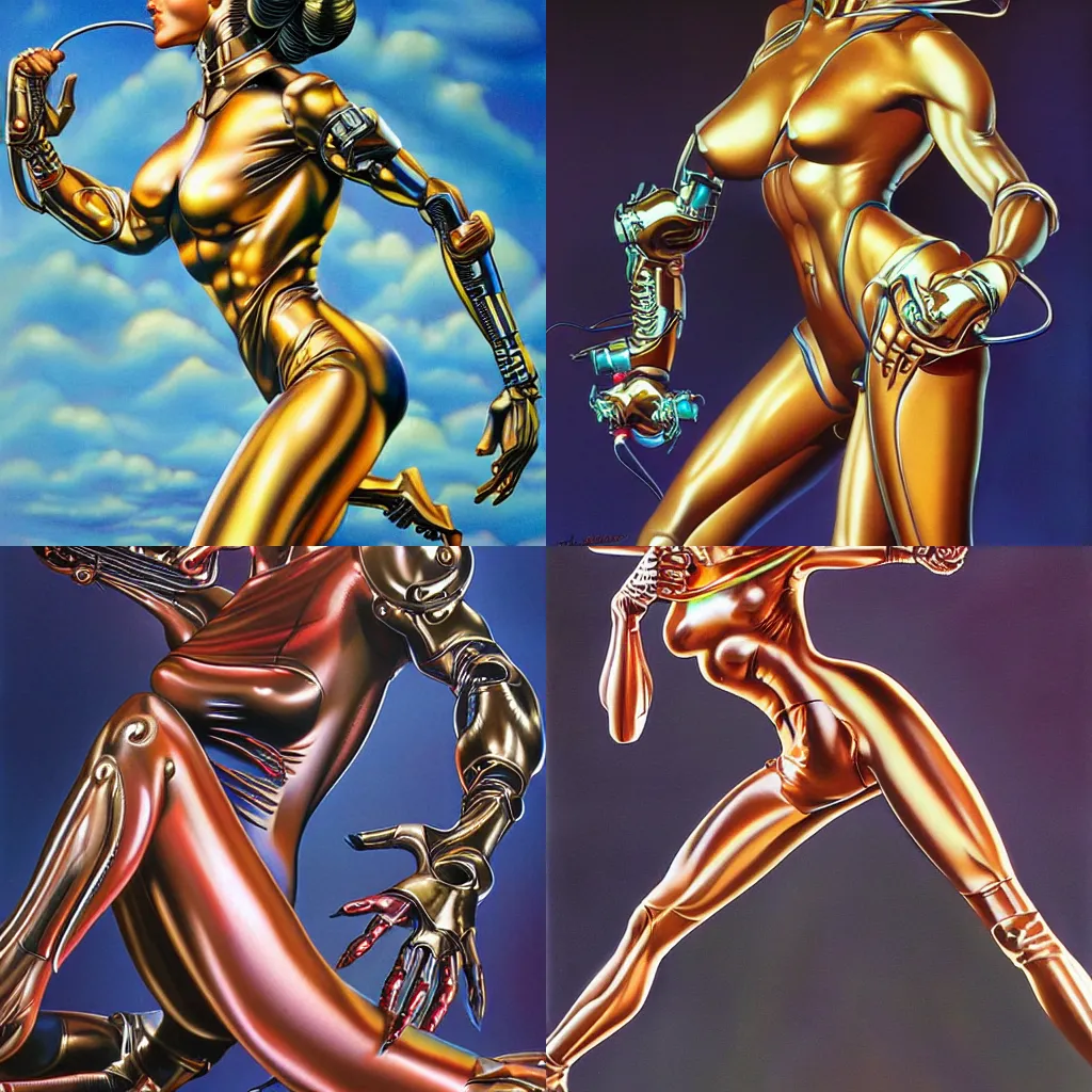 Prompt: hyperdetailed airbrush painting of a snarl of female android legs and arms in style by hajime sorayama and boris vallejo