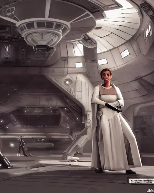 Image similar to portrait of princess leia on the millennium falcon, star wars, gta v, hyper realistic, glamorous pose, ambient lighting, concept art, intricate, hyper detailed, smooth, action, volumetric lighting, george lucas, arney fretag, ralph mcquarrie, octane